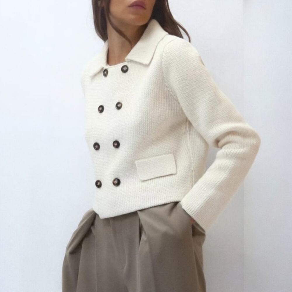 Zara women’s cream knit double breasted sweater jacket NWT Size Small